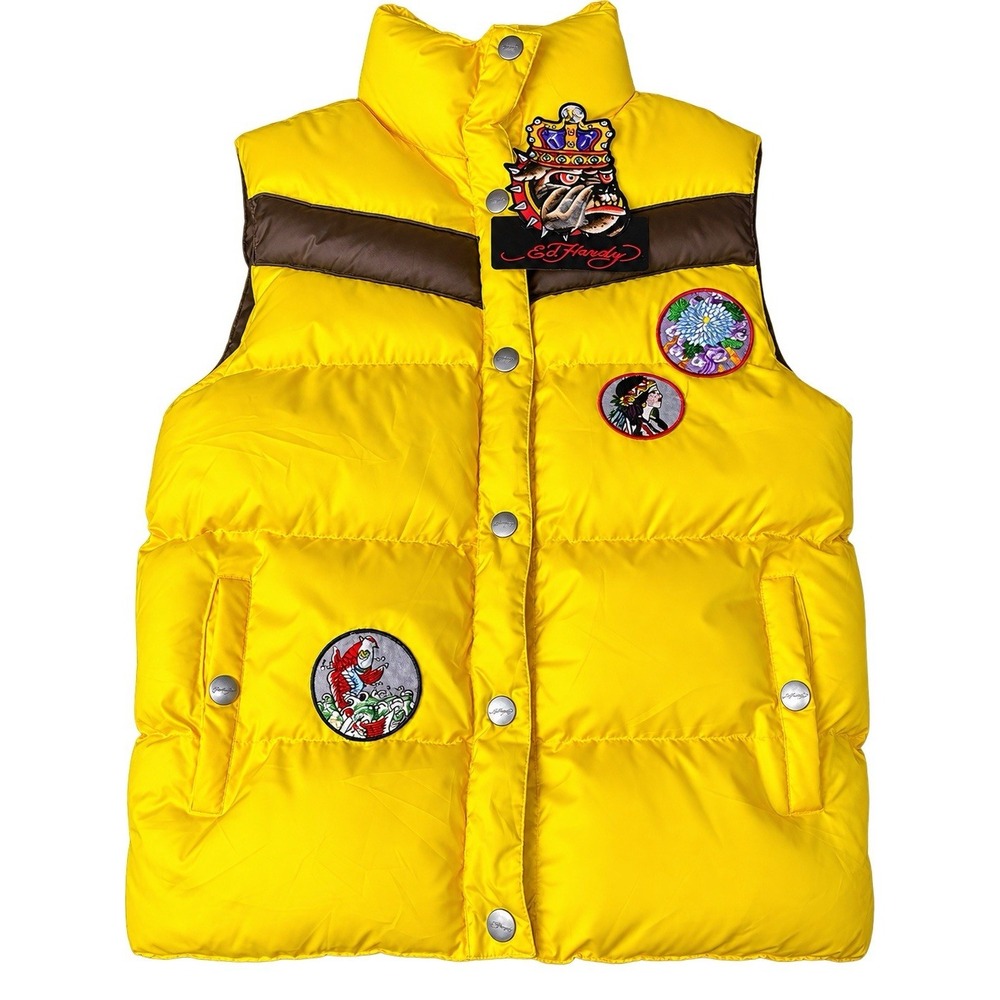 Ed Hardy Yellow Puffer Vest Men's M Tattoo Embroidered Graphic Y2K